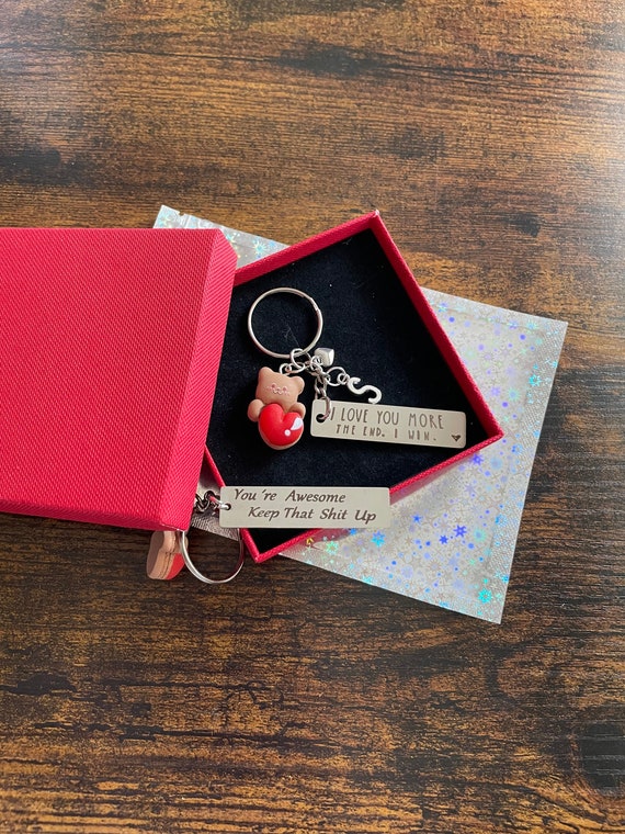 PERSONALISED Initial Letter Key Ring Charm Bear Awesome Love You More End Of Heart Charms Partner Keepsake Sarcastic Words Engraved Quirky