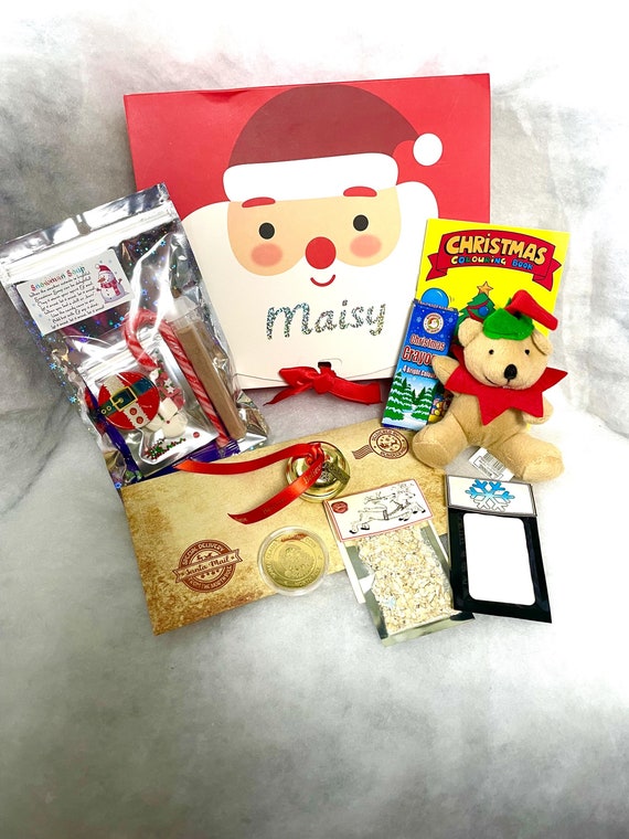DELUXE Personalised Christmas Eve Gift Box Letter Jingle Bell Santa Coin Elf Teddy Reindeer Food Magic Snow Hot Chocolate Activity Pack Set