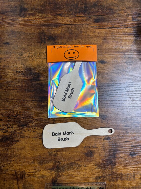 Bald Man’s Brush And Comb Card Gift Shimmer Bag Fun Novelty Quirky Gift Set Birthday Secret Santa Funny Wood Ply Made Words No Hair Left