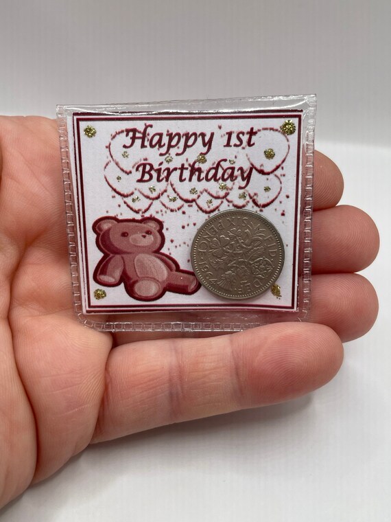 Happy 1st first birthday boy girl lucky silver sixpence good luck coin keepsake gift teddy bear picture poem organza bag for inside card