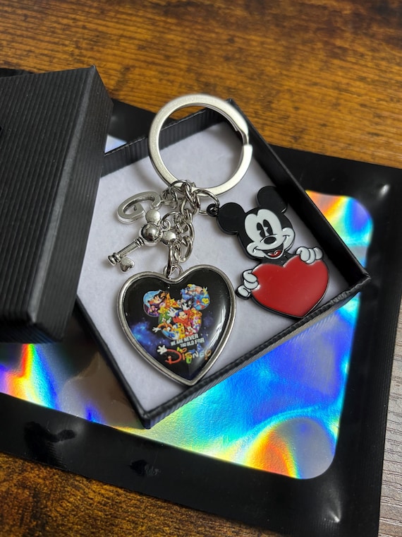 Personalised Initial Letter Charm Disney Inspired Mickey Heart Key Keepsake Fun Keyring Pendant Charm SetGift Box Bag Birthday Christmas Fab