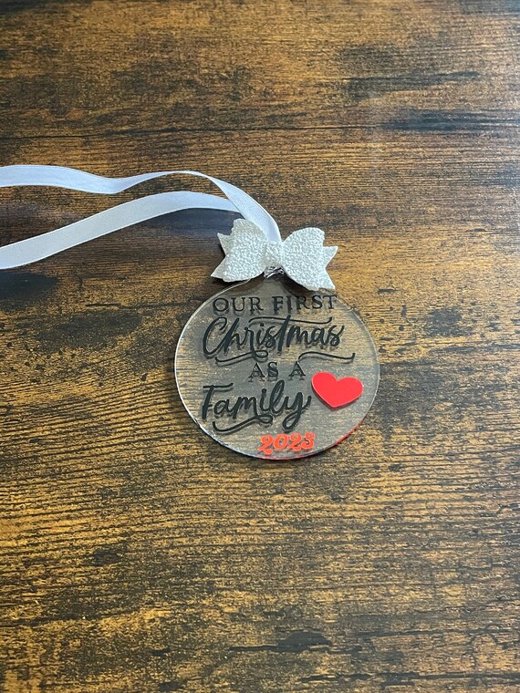 Our First Christmas As A Family Tree Decoration Bauble Bow Vinyl Printed Keepsake Fun Quirky 2023 Any Colour Circle Secret Santa Novelty fun