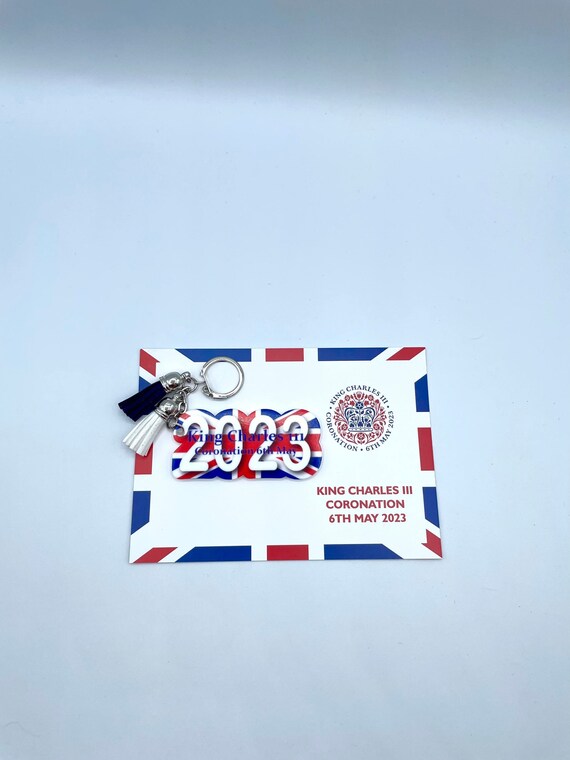 KING CHARLES III Key Ring Bag Charm Pendant 2023 Emblem Shape Union Jack Tassels Red White Blue Keepsake Gift Card Coronation Celebration