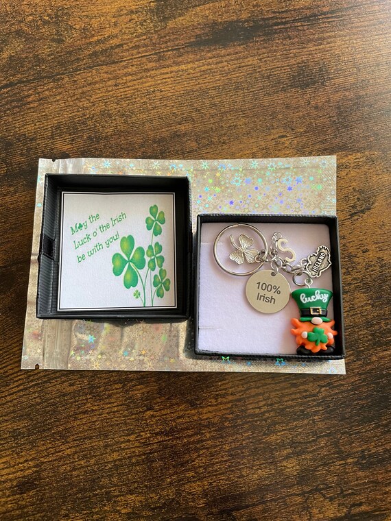 PERSONALISED Initial Charm Letter 100 % Irish Leprechaun Ireland Map Shamrock Clover Key Ring Gift Box St Patricks Day Birthday Fun Quirky