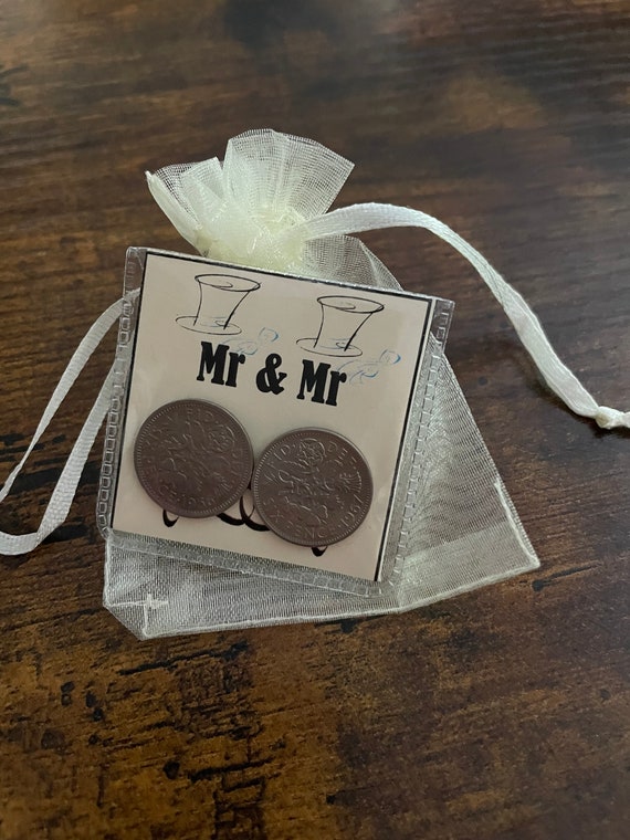 MR and MR civil partnership wedding two lucky sixpence coins top hats bow poem onto card to keepsake organza bag little gift for card
