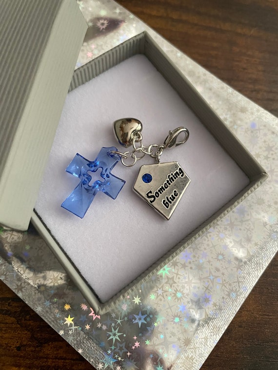 BRIDE TO BE Something Blue Bride To Be Wedding Diamond Shape & Cross Charm Keepsake Hen Party Gift Box For Garter Bouquet Traditional Poem