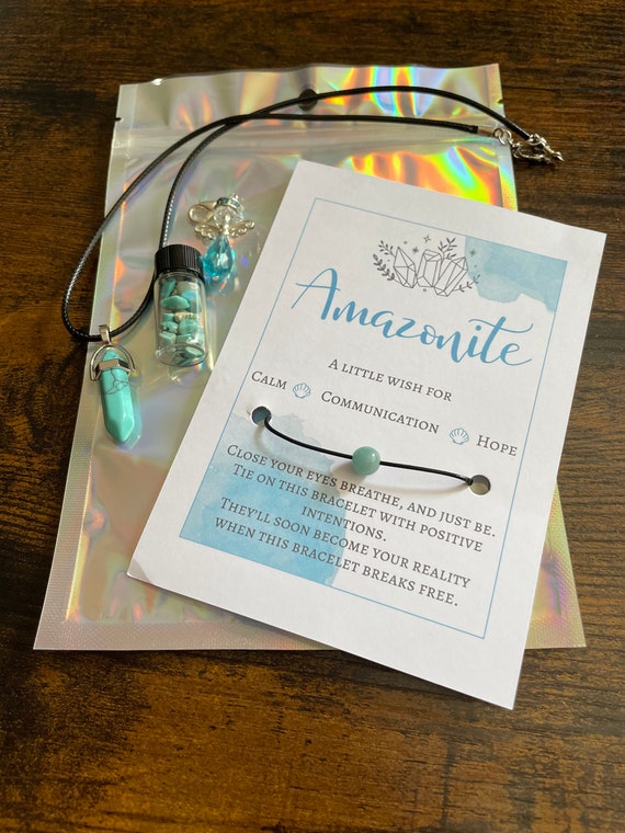 AMAZONITE A Little Wish Set For Calm Communication Hope Crystals Angel Rock Necklace Bracelet Gift Bag Positivity Keepsake Gift Chakra Heal