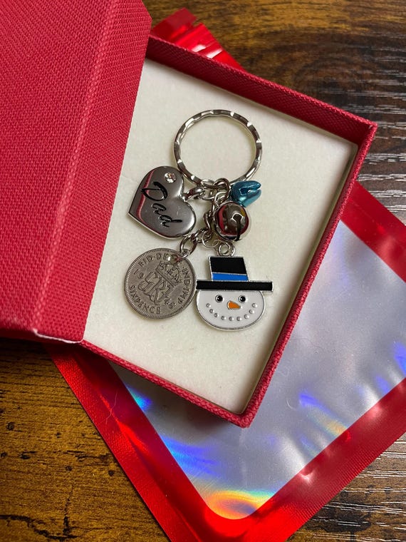 Lucky Sixpence Coin Charm Gift Boxed For A Male Family Member Dad Grandad Uncle Son Etc Snowman Jingle Bells Key Ring Charm Christmas Theme