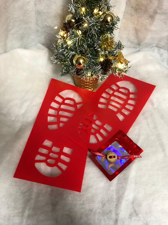 Santa's Foot Print Stencils and Lost Button For Christmas Eve Magical Gift Bag Property Of Santa Claus Believe In Santa Reindeer