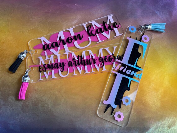 Mum Friend etc PERSONALISED Bookmark gift insert children’s names Initial tassel cover birthday xmas gift pink rainbow colours vinyl print