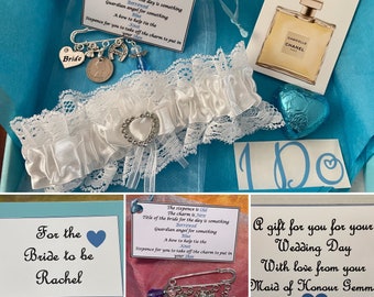 Personalised Bride To Be Garter Gift Box Set Something Blue Poem Perfume Chocolate I Do Shoe Sticker White Or Blue Horseshoe Angel Bow Title