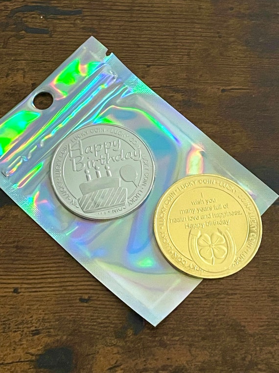 Happy BIRTHDAY Lucky Wish Coin Gold Silver Look Plastic Cover Shimmer Gift Bag Extra Fun Gift Clover Horseshoe Balloon Cake Inside Card Gift