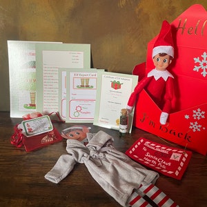 Ensemble de lutin de Noël I'M BACK, lettres personnalisées, bulletins de notes, montre elfe, clé, poussière magique, robe de chambre, coffret cadeau, carte d'adoption, enveloppe du père Noël