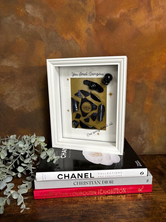 Perfume Broken Bottle Resin Framed Wall Art Opium Leopard Print Glitter Words Smashed Mosaic Unique Quirky Dressing Room Birthday Gift Fun