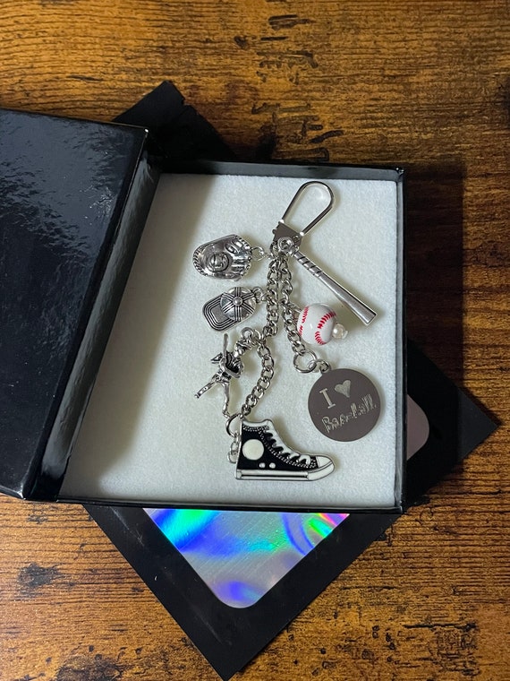 I Love BASEBALL or Baseball MOM Key Ring Charm Set Or Bag Pendant Bat Ball Trainer Sneaker Cap Glove Player Keepsake Gift Box Fun Quirky