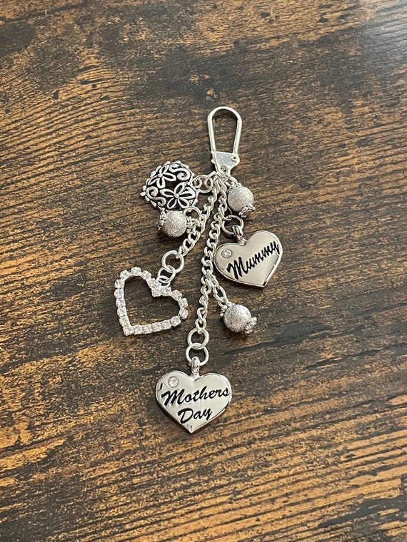 MOTHERS DAY hearts key ring charm set rhinestone beads awesome words gift box keepsake mum mummy nanny silver charms filigree flower heart