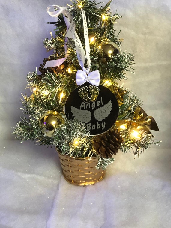 In loving memory angel baby christmas tree decoration baby feet angel wings mirror look bauble bows ribbon keepsake memorial baby loss