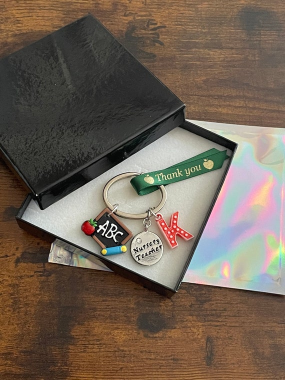 PERSONALISED Initial Letter Nursery Teacher Key Charm Set Blackboard Ribbon Thank You Keepsake Gift Box Shimmer Bag End Of Term Any Occasion