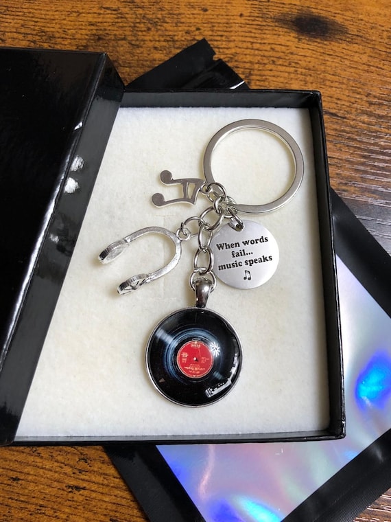 Record Player Head Phones Music Notes Key Ring Bag Charm Pendant Set Keepsake Gift When Words Fail Music Speaks Quirky Unique Box Bag Retro