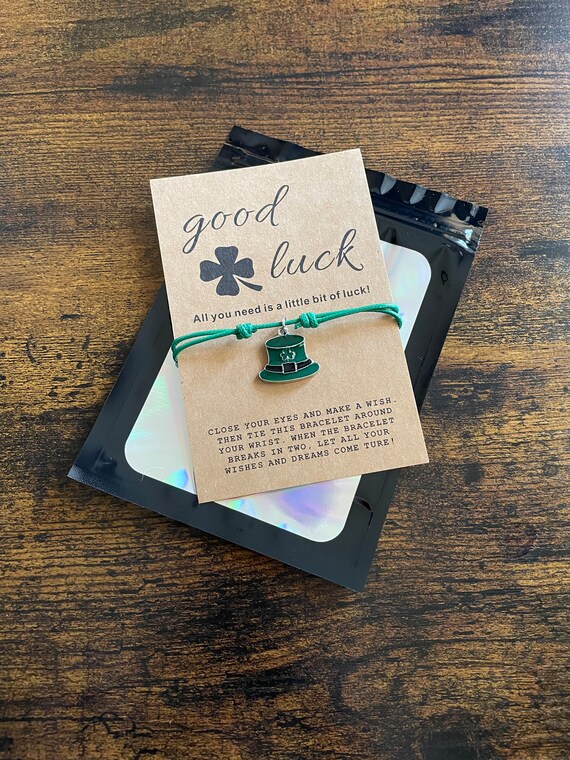 IRISH Make A Wish Bracelet Keepsake Card Set Any Charm Clover Map Leprechaun Hat Horseshoe Shamrock Clover Green Cord Shimmer Gift Bag Lucky