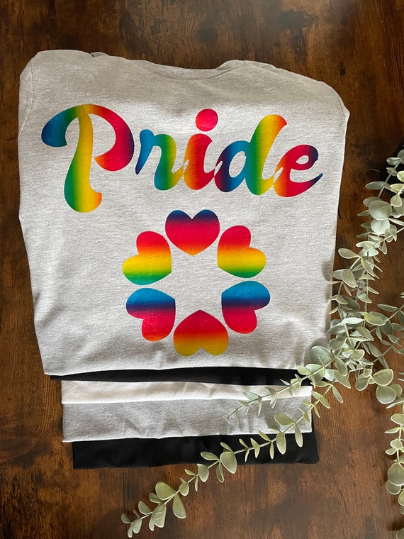 PRIDE Rainbow Colours Vinyl Printed T-shirt Hearts Logo Gay Lovers LGBTQ Month Celebrate Wear With Pride June Unisex Fun Novelty Quirky