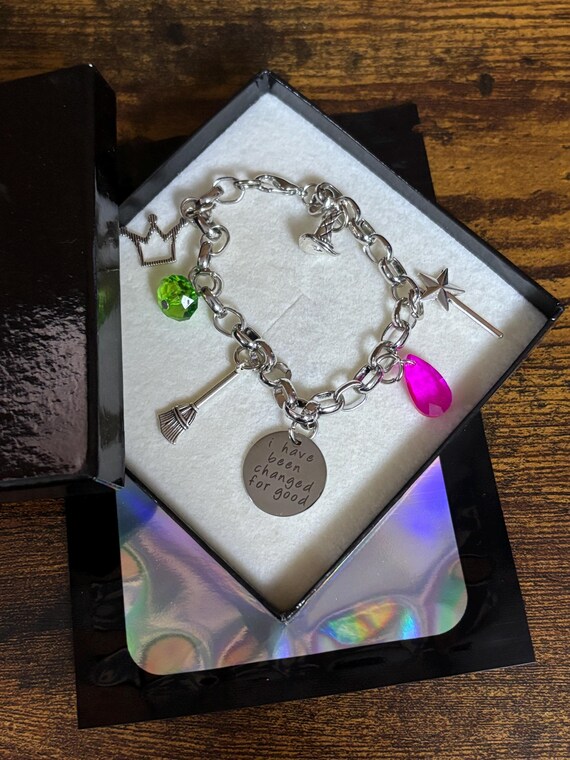 Witches Of Oz Bracelet Keepsake Set I have Been Changed For Good Quotes Film Inspired Wicked Gift Gems Pink Green Broom Wand Crown Hat Fun