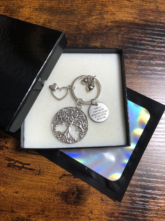 Sister To Sister Keepsake Charm Set Family Tree Heart Nuts Funny Engraved Quote Gift Box Bag Always Be A Couple Of Nuts Off The Family Tree