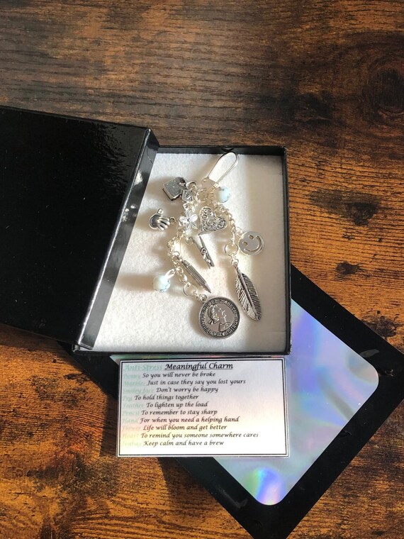 ANTI-STRESS Meaningful QUOTES Words To Charms Keepsake keyring Charm Pendant Bag Gift Boxed Or Bag Rhymes Heart Hand Penny feather Keep Calm