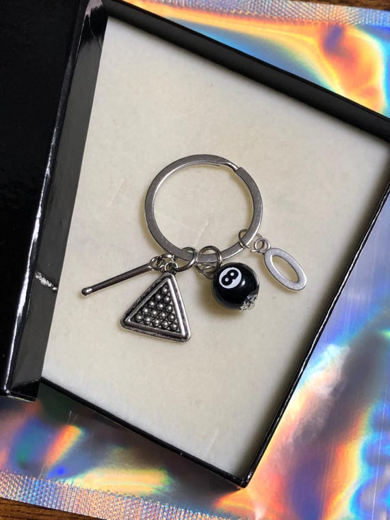 Personalised Initial Charm Pool Snooker Key Ring Charm Cue Black Ball Fun Keepsake Player Tournament Competition Birthday Gift Box Bag Set