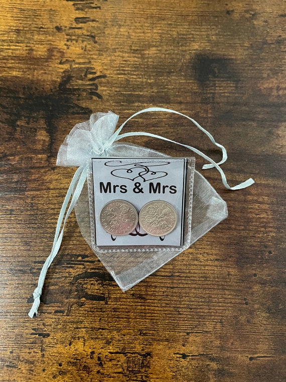 MRS and MRS civil partnership wedding two lucky sixpence coins hearts poem onto colour card keepsake organza bag little gift for card