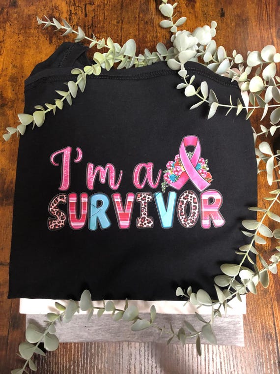 I’M A SURVIVOR Pink Ribbon Printed T shirt Breast Cancer Awareness Heat Transfer Stripes Leopard Print Colourful Flowers Unique Quirky Love