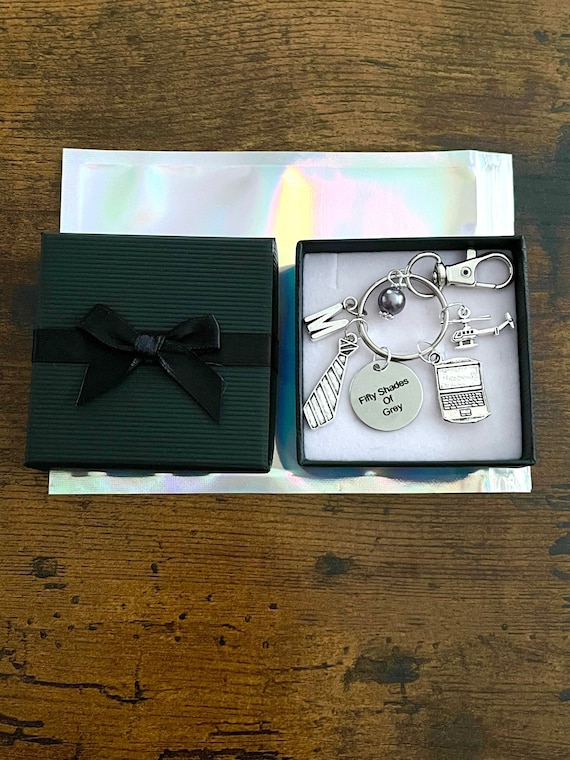 Personalised Initial Letter Charm 50 Fifty Shades Of GREY Key Ring Or Bag Charm Set Tie Computer Helicopter Beads Gift Box Film Inspired Fun