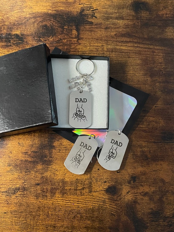 Dad Fist Punch Dog Tag Style Child Children Key Ring Charm Keepsake Boy Girl Boxer Fathers Day Birthday Gift Box Bag Fun Quirky Novelty