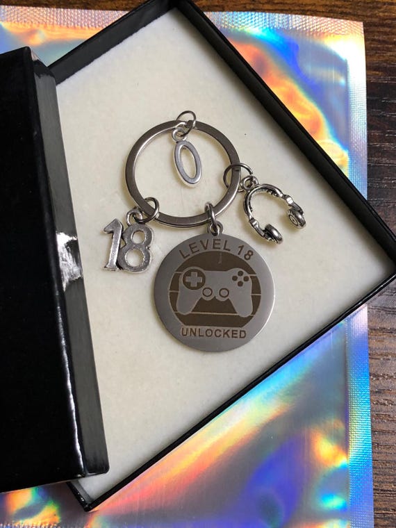 Personalised Initial Letter Key Ring Charm 18th Birthday Headphones Gaming Controller Charm Level 18 Unlocked Engraved Gift Bag Or Box