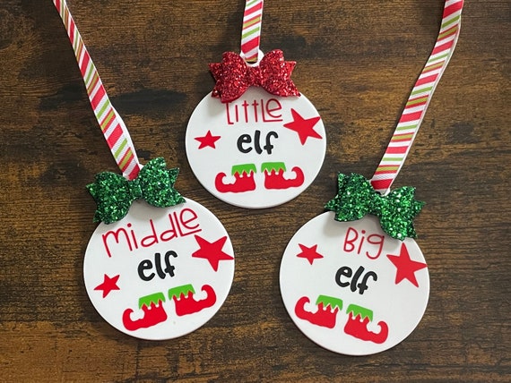 Little Middle And Big ELF Christmas Tree Decoration Bauble Family Child Children Gift Feet Glitter Bows Gift Bag Secret Santa Stripe Ribbon