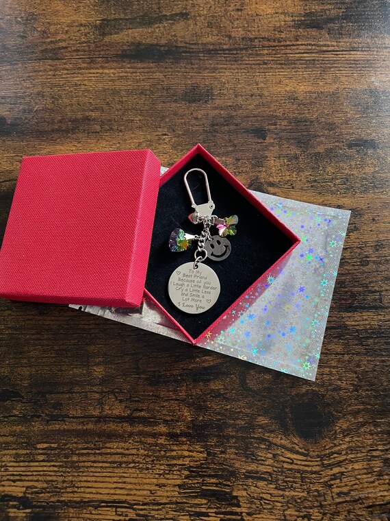 To My Best Friend Key Ring Or Bag Charm Gift Box Bag Engraved Smiley Face Heart Crystal Rainbow Butterfly Birthday Valentine Fun Novelty