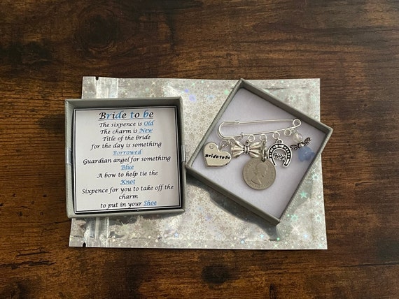 Something Old New Borrowed Blue Bride Lucky Sixpence Coin Keepsake Pin Garter Or Bouquet Charm Blue Guardian Angel Bow Horseshoe Charms Box