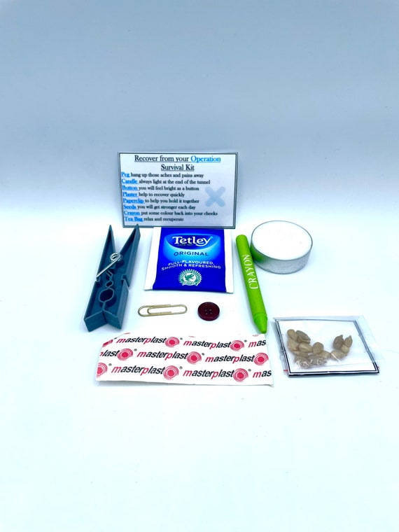 RECOVER FROM OPERATION Survival Kit Fun Novelty Gift Present Greeting Cards Unique Quirky Colour Organza Bag Cheer Up Peg Seeds Plaster Fun