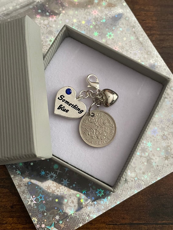 BRIDE TO BE Something Blue And A Lucky Sixpence Too Garter Or Bouquet Heart Shape Charm Lobster Clasp Gift Box Set Good Luck Gift Wedding