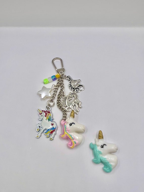 UNICORN Key Ring Charm Pendant Set Magical Believe Colourful Stars Gift Box Or Bag Pearl Beads Blue Or Pink Head Silver Personalised Box Fun
