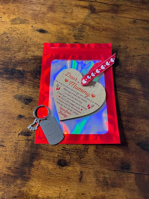 MUMMY Gift From BUMP Heart Wall Plaque With Poem + FREE Key Ring Gift Bag Baby Feet Love Pregnancy Mothers Day New Baby Shower Keepsake