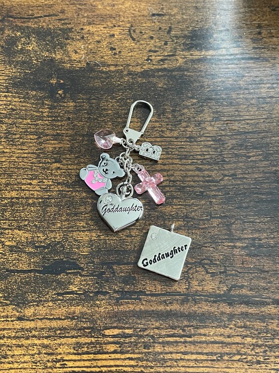 Personalised GODDAUGHTER Key Ring Charm Keepsake Gift Set Rhinestone Teddy Bear Alphabet Initial Charm Pink Cross Gift Boxed Christening