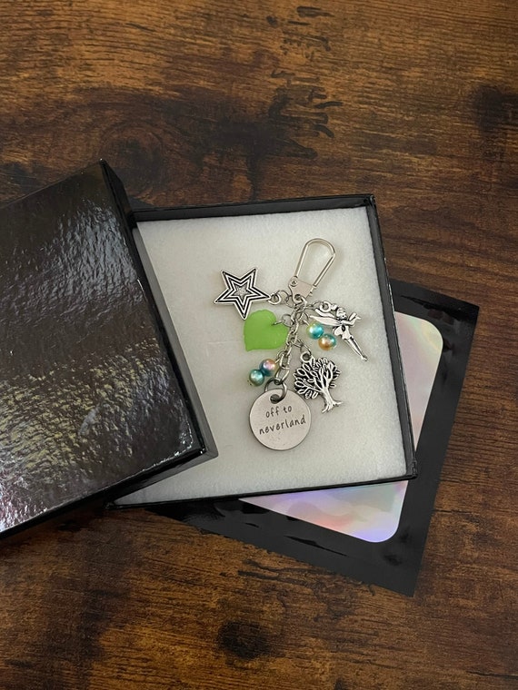 Off to neverland, never grow up Peter Pan key ring or bag charm keepsake gift trees stars tinker belle green beads Disney inspired gift box