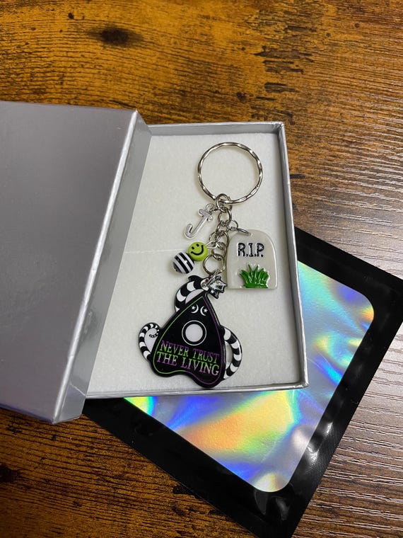 PERSONALISED Initial Letter Beetle Juice Film Inspired Style Key Ring Bag Charm Pendant RIP Snake Beads Emoji Boxed Never Trust The Living