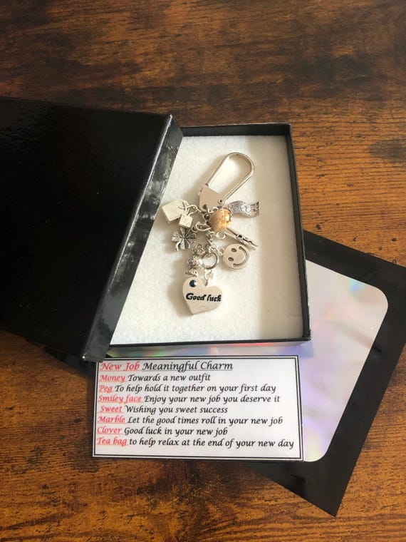 Good Luck In Your New Job Meaningful Quotes Words And Charms Keepsake Key Ring Charm Pendant Gift Box Bag Clover Smiley Face Sweets Money