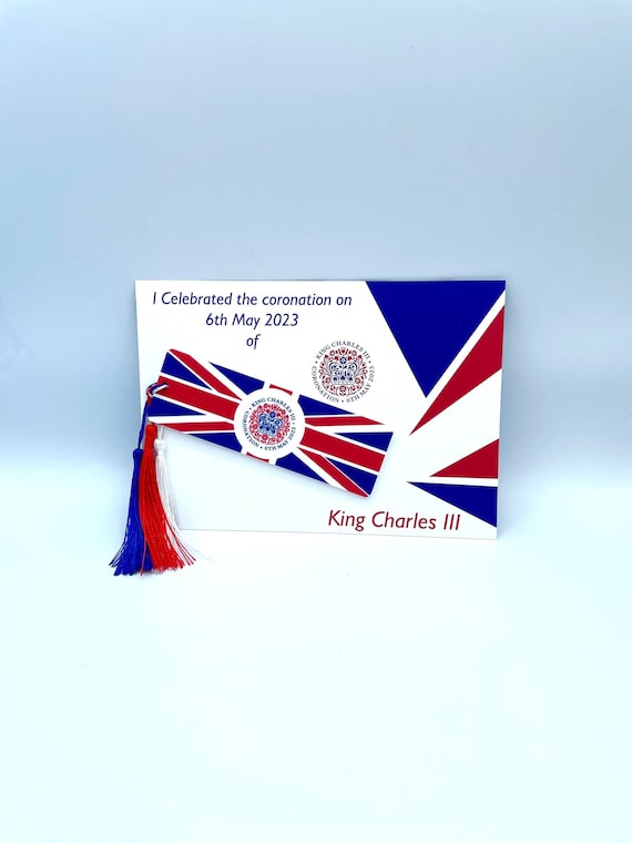 King Charles III Coronation BOOKMARK Keepsake Gift 2023 Union Jack Three Tassels Reader Souvenir Card Royal Emblem Readers Red White Blue