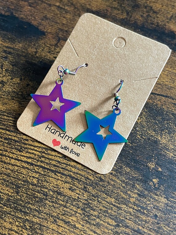 RAINBOW Style Stainless Steel LARGE STARS Pair of Earrings Fun Novelty Animal Lover Gift Boxed Bag Dangle Drop Colour Present Birthday Etc