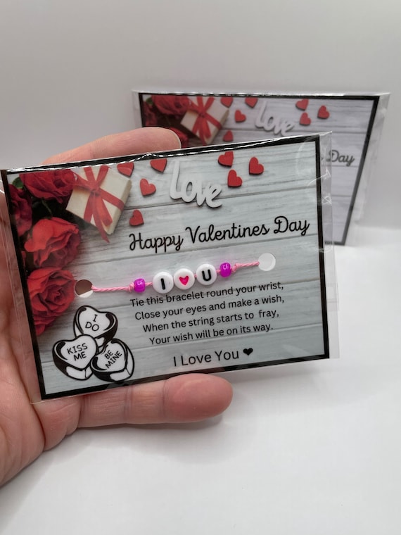 Happy Valentines Day Make A Wish Bracelet I love You Beads Tie On Wrist Mixed Colours Aprox 30cm long Gift For Anyone Rainbow Colour String