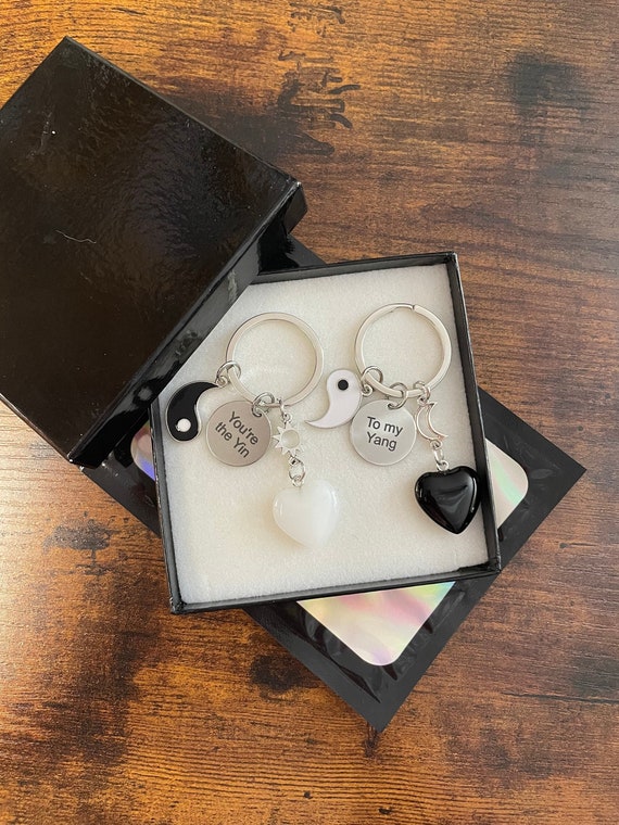 You’re The Yin To My Yang Key Charm Pendant Set One Each Black White Heart Sun Stars Gift Box Bag Fun Quirky Novelty Loving Marriage Partner