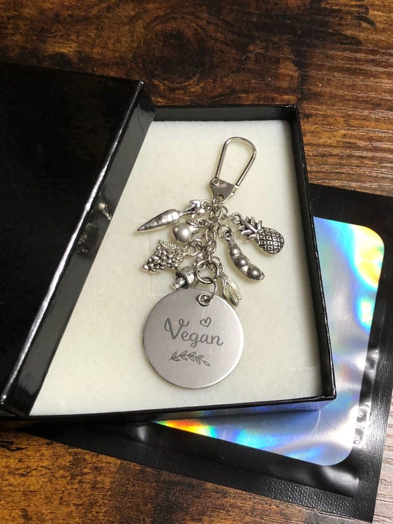 VEGAN keyring or bag charm with vegetables and fruit charms great little gift pears sweet corn carrots grapes mushrooms gift box keepsake